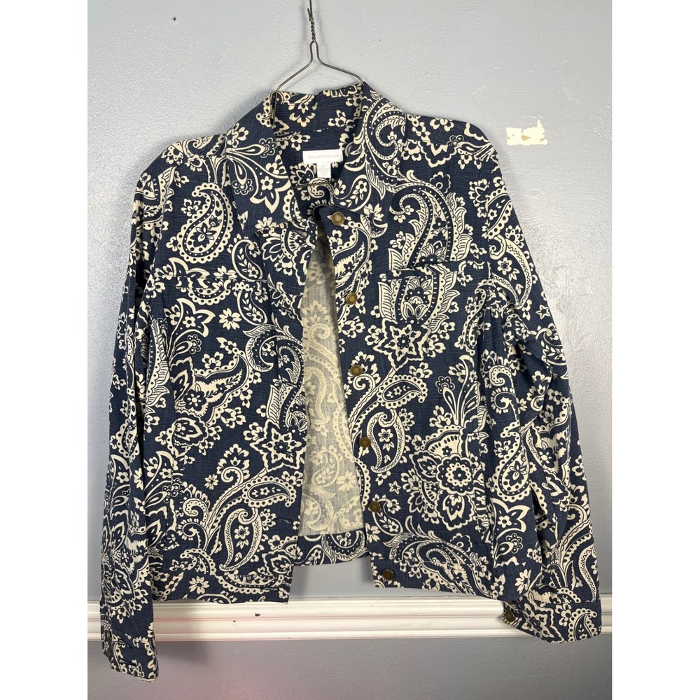 CHARTER CLUB Paisley Denim Jacket Women L Blue White Boho Stretch Trucker Coat